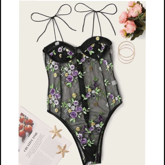 valentina Roze Tops - Black embroidered floral bodysuit